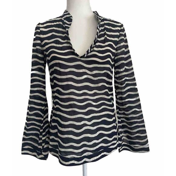 Tory Burch Sequined Tunic Top Navy White Striped Long Sleeve Blouse Popover 2 XS - Picture 1 of 14